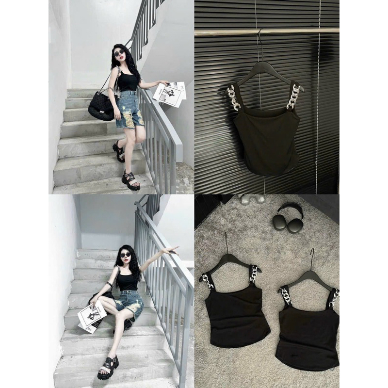 ÁO THUN 2 DÂY TĂM XÍCH SEXY 2 LỚP CỔ VUÔNG MS11134