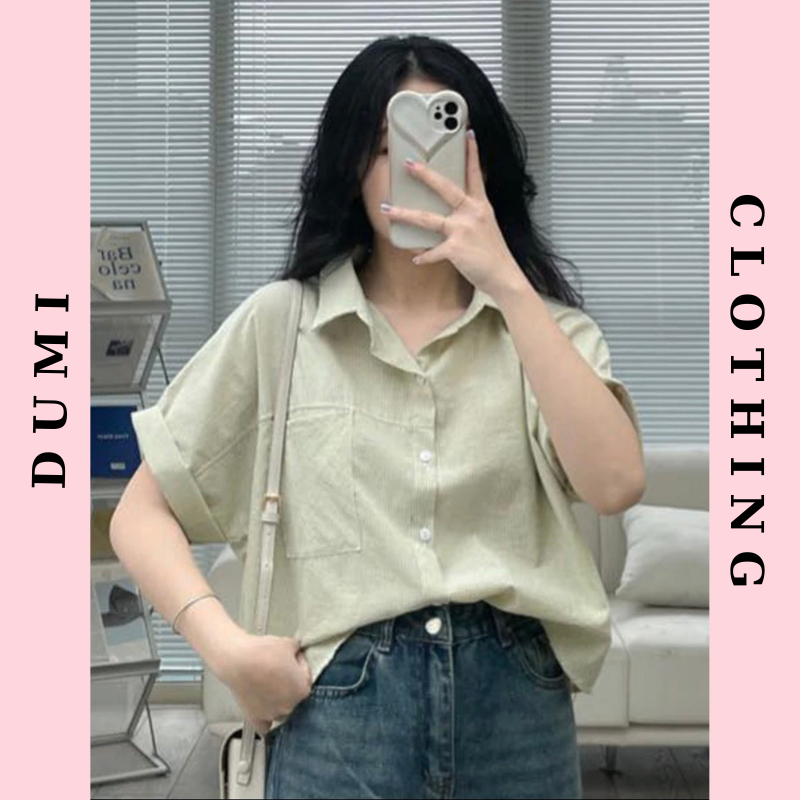Áo sơ mi cộc tay nữ , Áo sơ mi kẻ dáng lửng túi ngực tay cách điệu gập Dumi Clothing
