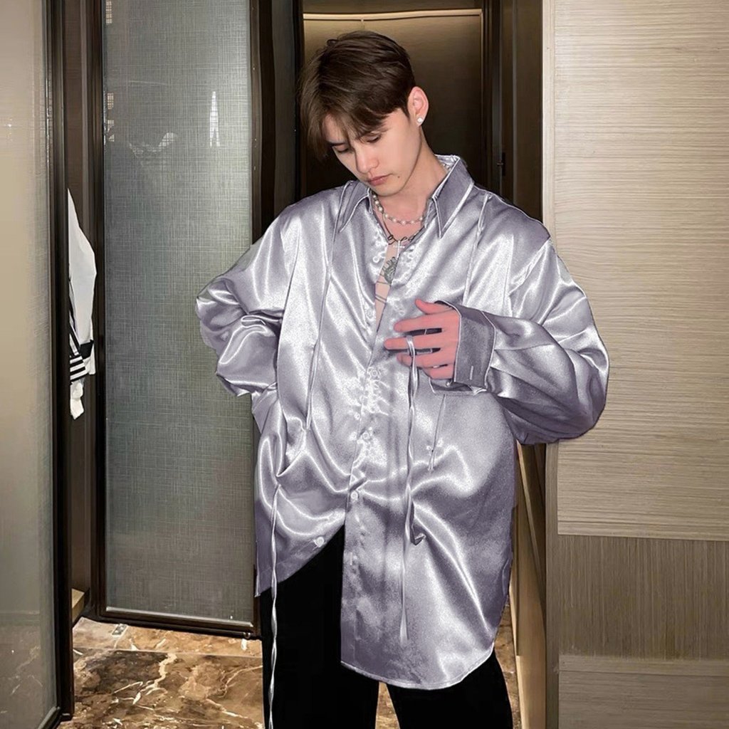 Áo sơ mi satin phối DÂY tay dài form rộng - Kem Sáng