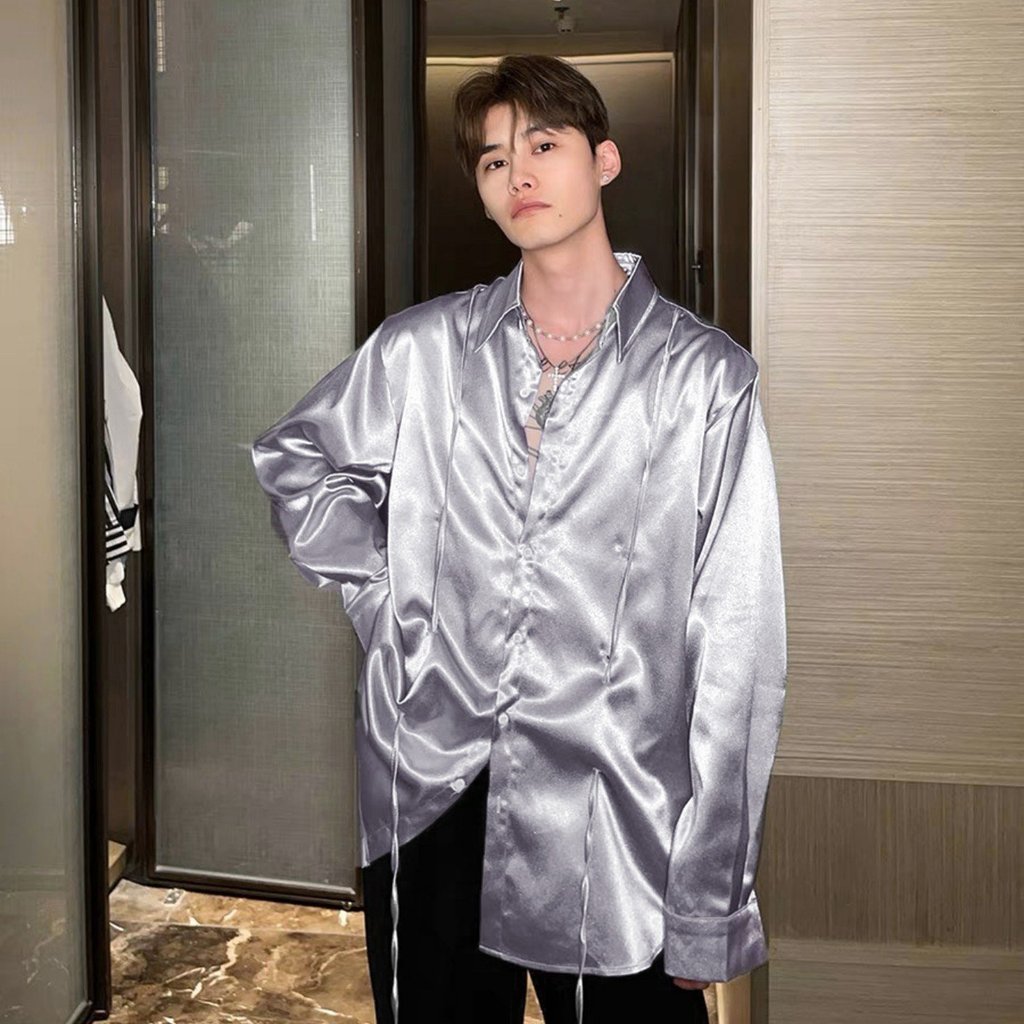 Áo sơ mi satin phối DÂY tay dài form rộng - Kem Sáng