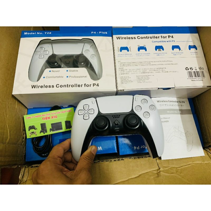 Tay cầm P4 Plus T28 cho máy Ps4 và Pc Laptop kiểu dáng PS5 kèm dây usb type C bảo hành 1 tuần