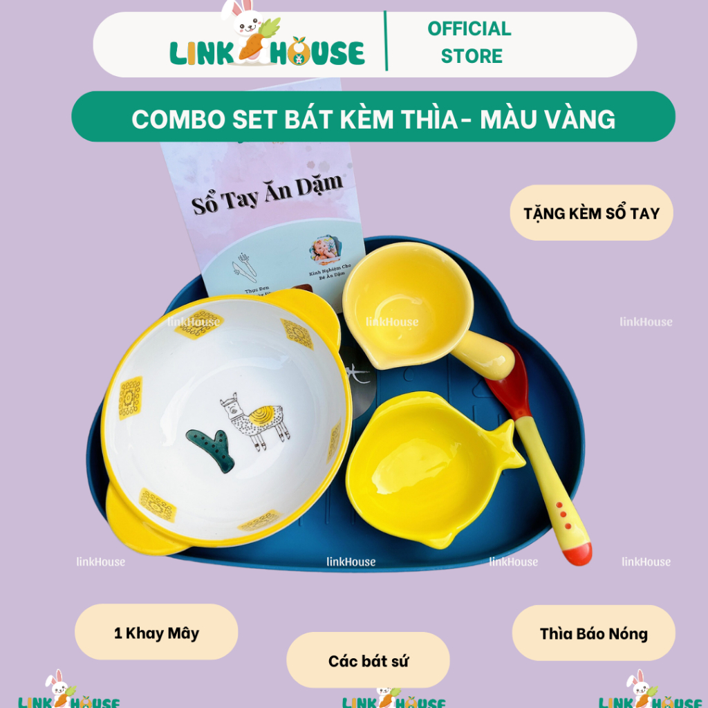 Set Bát Sứ, Chén Sứ Ăn Dặm Kiểu Nhật Màu Vàng Hình Ngộ Nghĩnh Tặng Thìa Báo Nóng Đồ Dùng Ăn Dặm Từ 5 Tháng Cho Bé