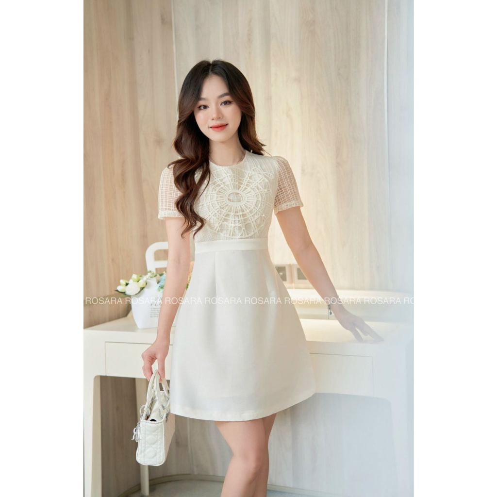 Váy Đầm Xòe Ngắn Tay Màu Trắng Lưới Ngực Thời Trang Nữ Rosara VA132