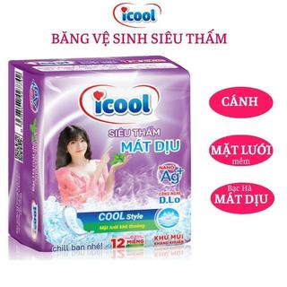 Băng vệ sinh ICOOL Siêu Thấm Tím gói 12 miếng có cánh mặt lưới bạc hà mát dịu