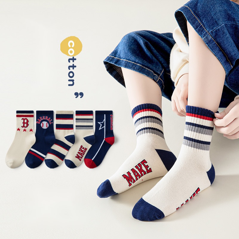 Set 5 đôi tất cotton Hình Sao Kẻ bé trai , gái sợi bông mềm mại thoáng khi khử mùi Myna Bra te15