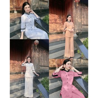 Set lam đi chùa cổ tàu, nút bộc , thêu hoa sen