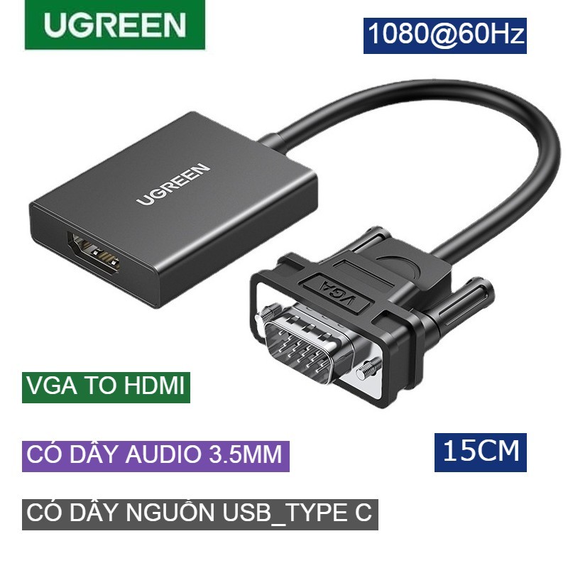 Cáp chuyển VGA sang HDMI UGREEN 50945 có audio, có dây nguồn, hỗ trợ truyền hình ảnh 1080 60Hz, bảo hành 12 tháng