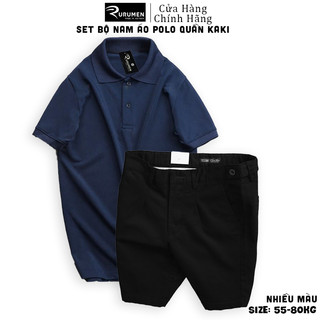 Set đồ bộ nam áo thun polo trơn quần kaki màu đen rurumen có big size