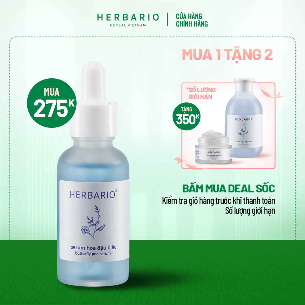 [MUA 1 TẶNG 2] Serum hoa đậu biếc Herbario 30ml Tặng Toner hoa đậu biếc + Mặt nạ hoa đậu biếc