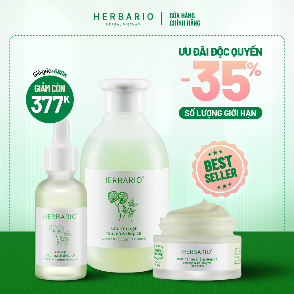 Bộ 3 chăm sóc da mụn cơ bản Rau má & Diếp cá Herbario: Sữa rửa mặt 200ml + Serum 30ml + Mặt nạ 30ml