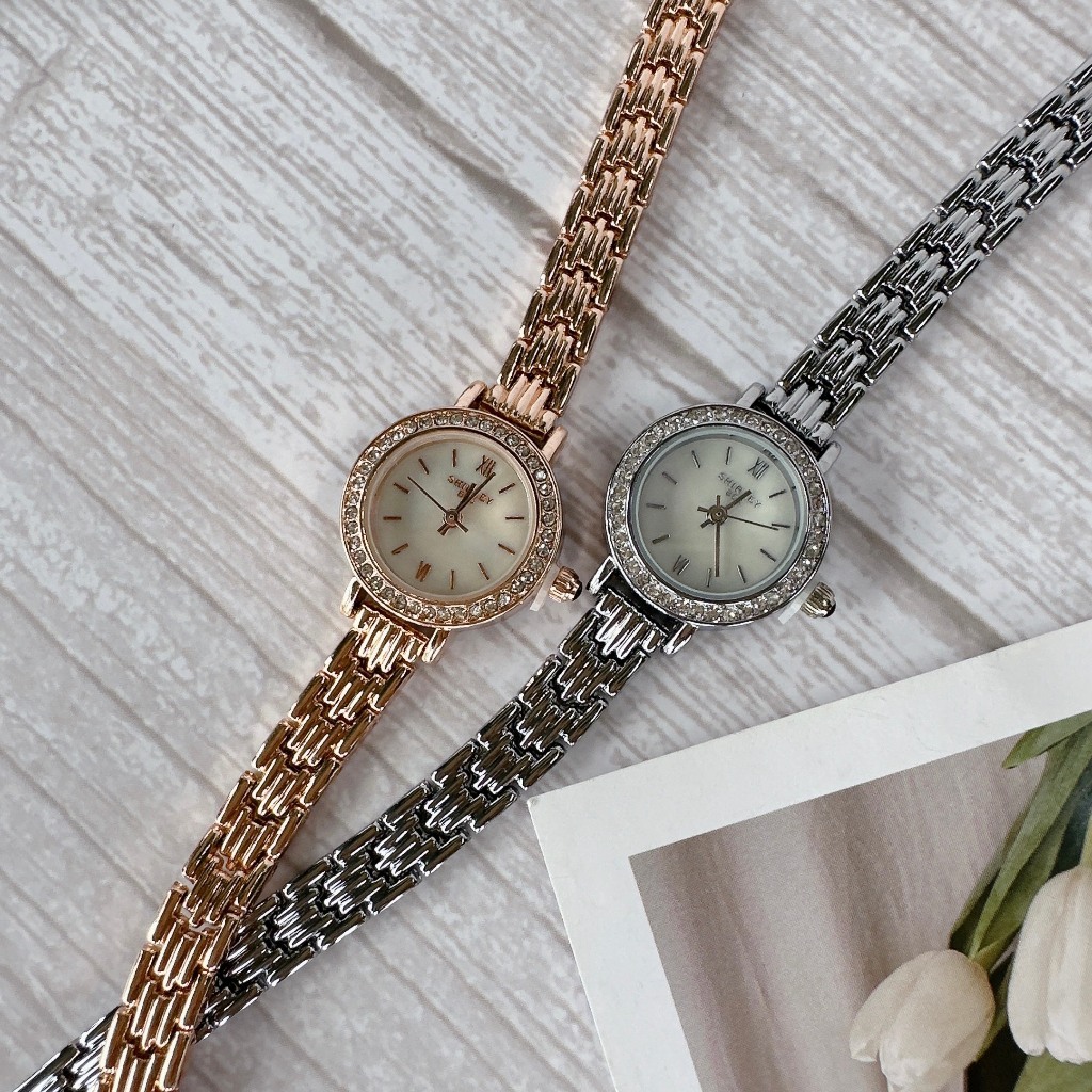 Đồng hồ nữ Bee shirley roses dây thép nữ siêu đáng yêu cho phái nữ, chống nước 3atm, viền đính đá, bảo hành 12 tháng