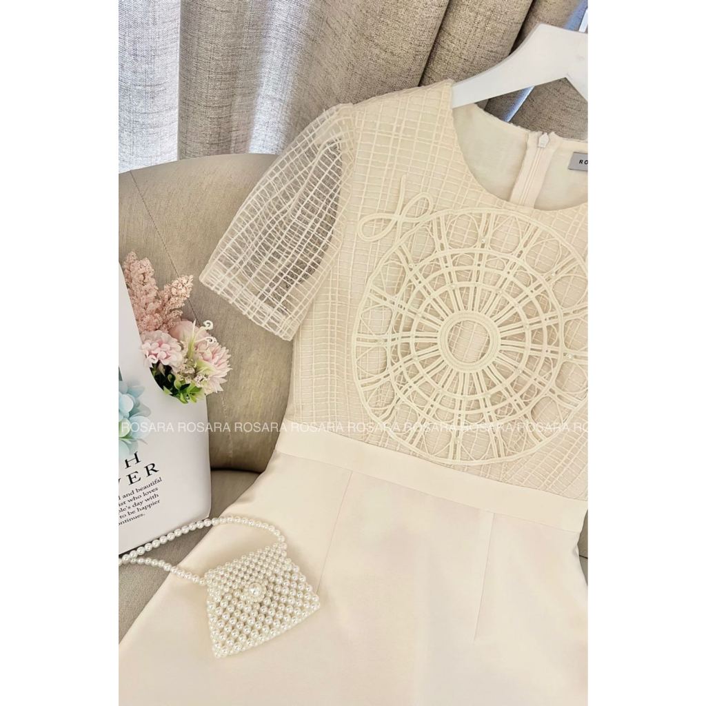 Váy Đầm Xòe Ngắn Tay Màu Trắng Lưới Ngực Thời Trang Nữ Rosara VA132