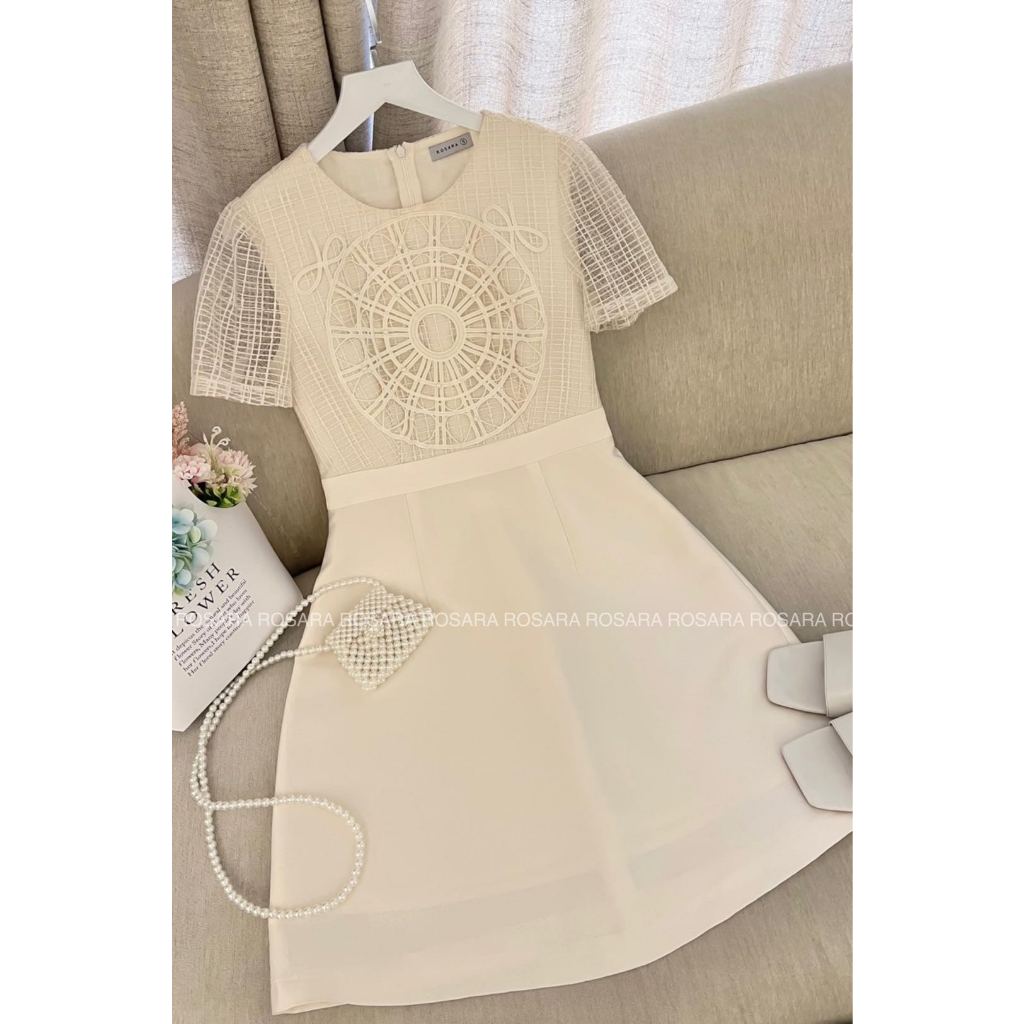Váy Đầm Xòe Ngắn Tay Màu Trắng Lưới Ngực Thời Trang Nữ Rosara VA132