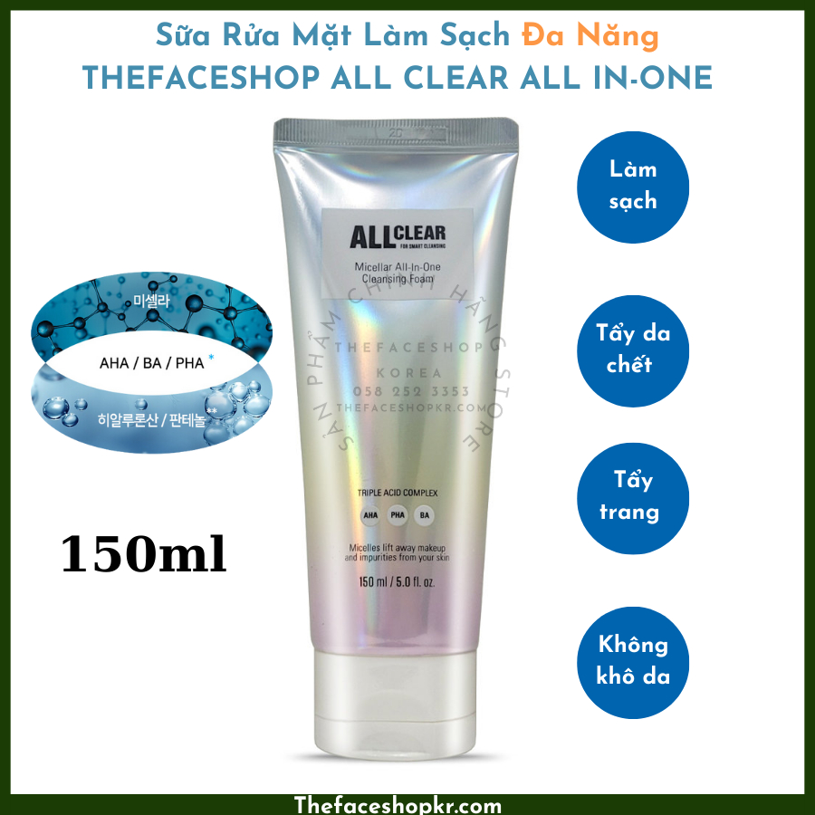 Sữa rửa mặt đa năng làm sạch dầu và tẩy trang 2 trong 1 TheFaceShop ALL CLEAR ALL IN-ONE FOAMING CLEANSER 150ML
