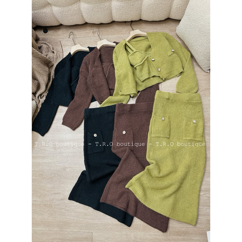 Set len 3ct: áo 2s + cardigan - chân váy ôm QC