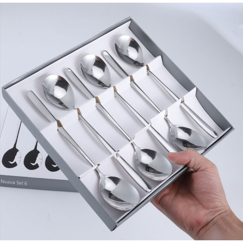 Hộp 6 Thìa Inox Cán Dài cao cấp đầu tròn