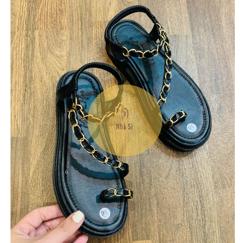 Dép Sandal bánh mì kiểu xỏ ngón phối xích quai dây chun thời trang đi học đi chơi năng động trẻ trung