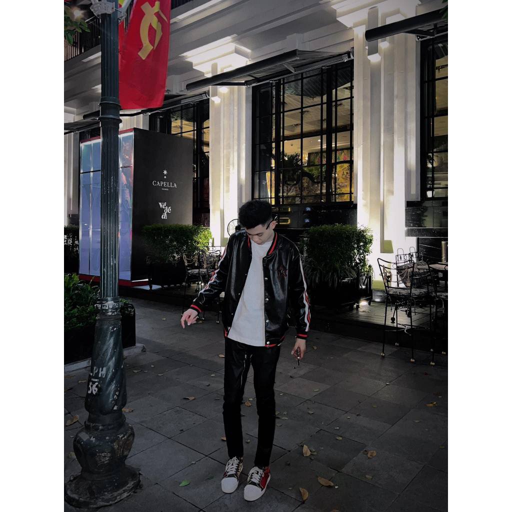 Áo Khoác Da Nam GVC Bomber Jacket Đen Thêu Ngôi Sao Ngực Đỏ Viền Tay Phối Chữ Da Lưng From Dáng Hotttrend 2023