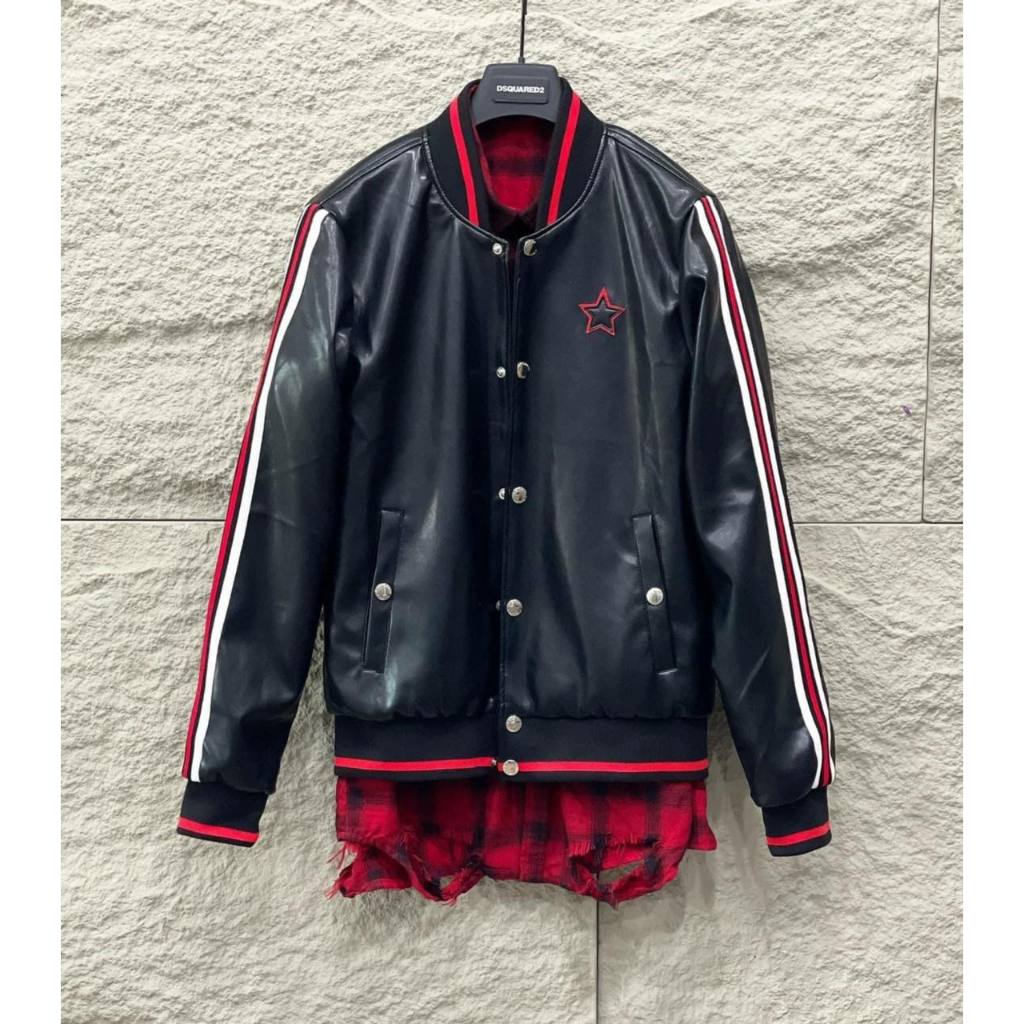 Áo Khoác Da Nam GVC Bomber Jacket Đen Thêu Ngôi Sao Ngực Đỏ Viền Tay Phối Chữ Da Lưng From Dáng Hotttrend 2023
