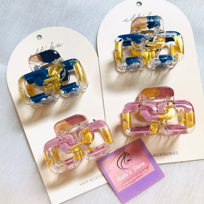 Kẹp tóc cao cấp Ettika Golden Flecked Clear Hair Claw Set in blue, pink