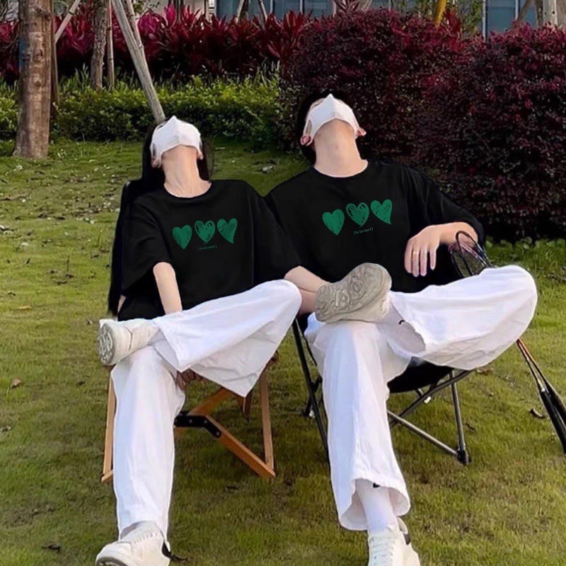Áo đôi với người yêu, áo cặp nam nữ đồ đôi in hình trái tim màu xanh  chất cotton thoáng mát