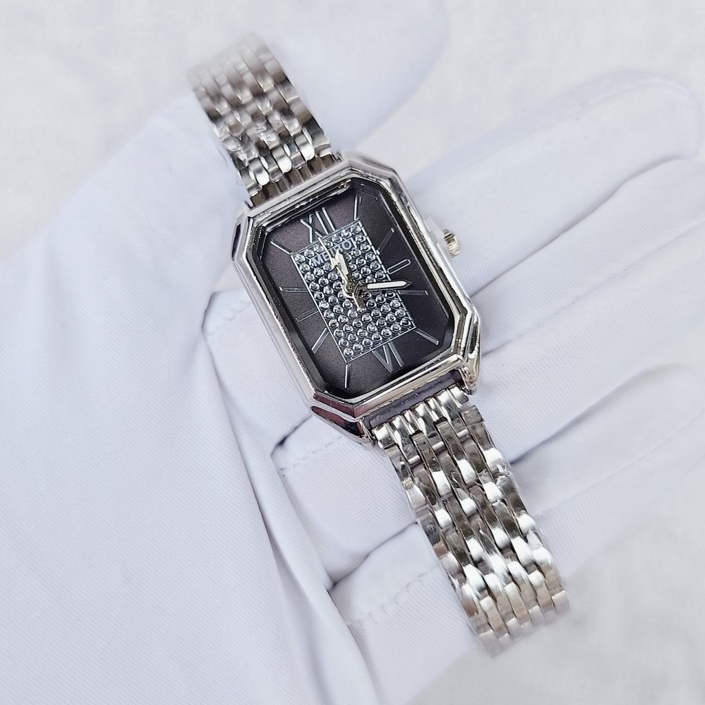 Đồng hồ nữ MEIBO mặt vuông dây kim loại đính đá sang trọng đường kính 24mm