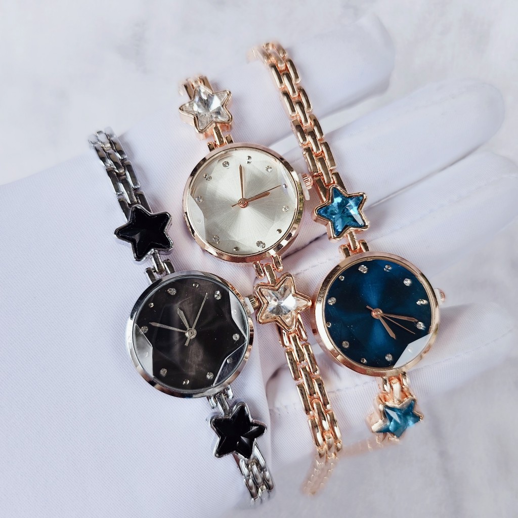 Đồng hồ nữ Woor đính đá kim cương ngôi sao dây thép đường kính 25mm, bảo hành 12 tháng