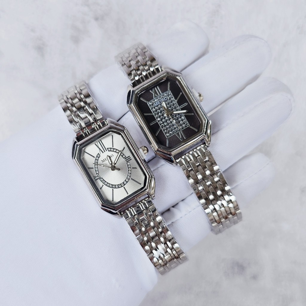 Đồng hồ nữ MEIBO mặt vuông dây kim loại đính đá sang trọng đường kính 24mm
