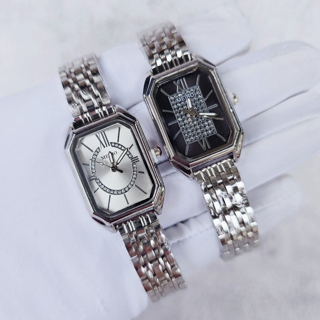 Đồng hồ nữ MEIBO mặt vuông dây kim loại đính đá sang trọng đường kính 24mm