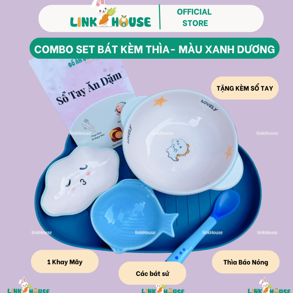 Set Bát Sứ, Chén Sứ Ăn Dặm Kiểu Nhật Màu Xanh Dương Hình Ngộ Nghĩnh Tặng Thìa Báo Nóng Đồ Dùng Ăn Dặm Từ 5 Tháng Cho Bé