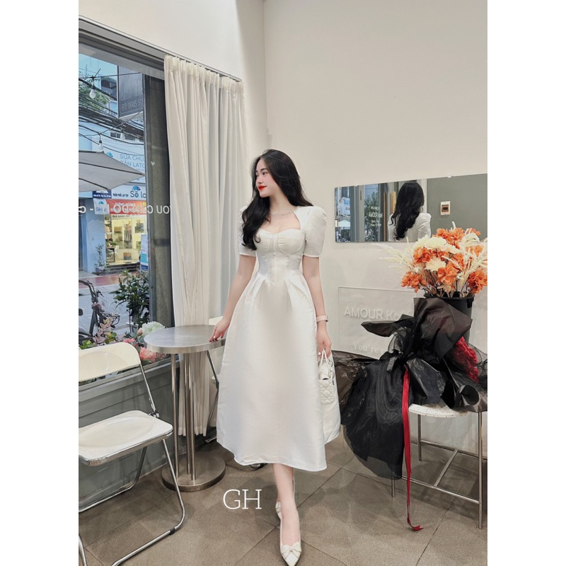 Mã V163 váy tafta phối cổ đá dáng dài