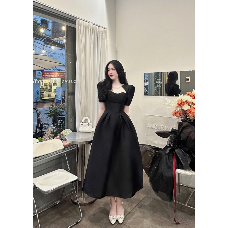 Mã V163 váy tafta phối cổ đá dáng dài