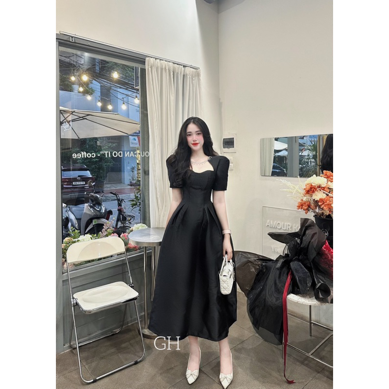 Mã V163 váy tafta phối cổ đá dáng dài