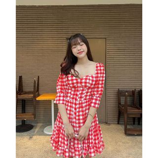  Đầm váy nữ thiết kế tiểu thư voan chiffon kiểu dáng xòe tay phồng đính nút ngọc có cúp ngực