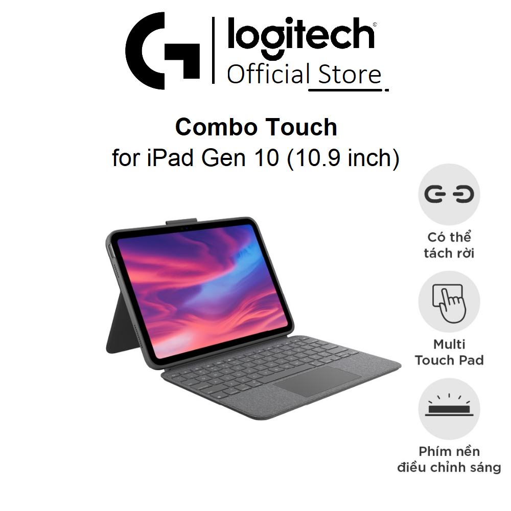 Bao da bàn phím Logitech Combo Touch for iPad Gen 10 - iPad 10.9 inch - Tháo rời Trackpad, chiếu sáng nền