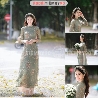 Áo dài hoa nhí xanh rêu 4 tà truyền thống Tiệm 90 may sẵn vải áo dài lụa tơ ép dự tiệc lễ tết đẹp AD90034