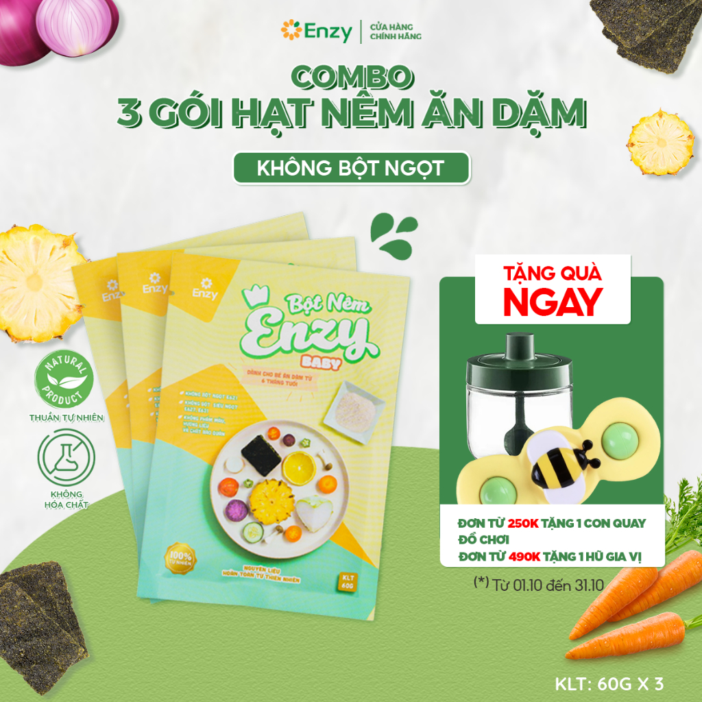 Combo 3 gói hạt nêm ăn dặm Enzy Baby, thuần tự nhiên không bột ngọt cho bé