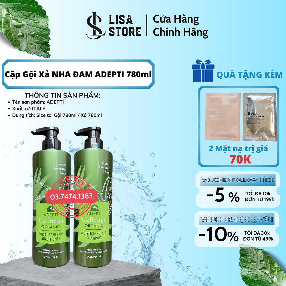 Dầu Cặp Dầu Gội Xả Dưỡng Sinh ADEPTI Collagen và Organic Chiết Xuất Từ Nha Đam Giảm Giàu Ngứa Mềm Mượt Tóc