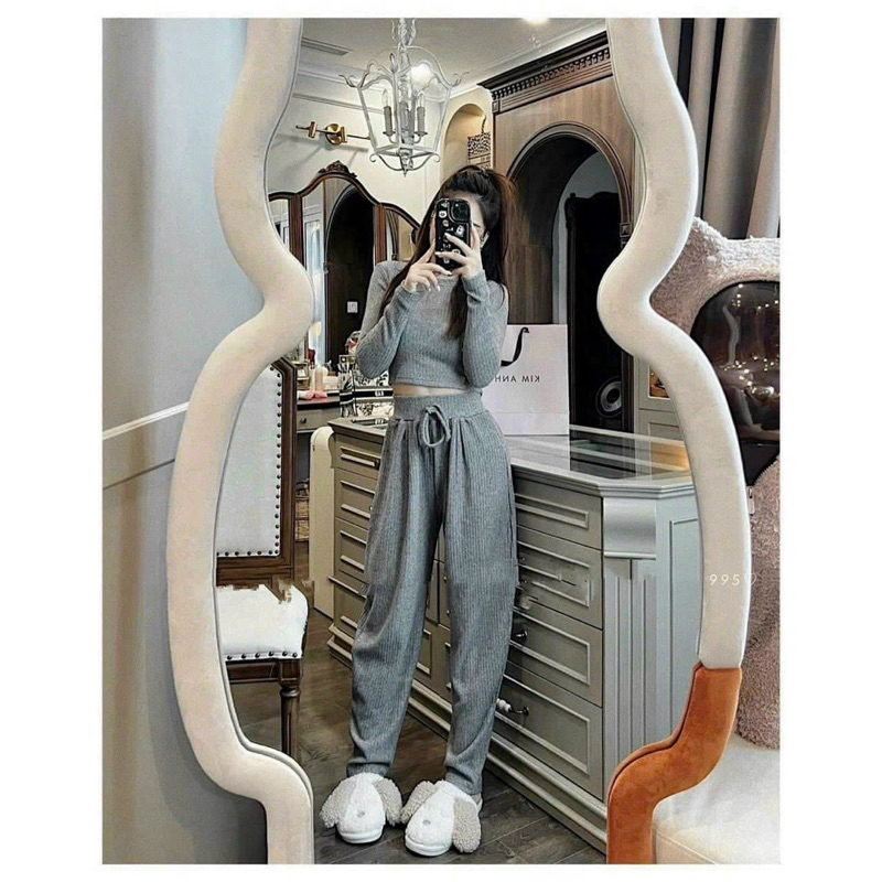 Set len nữ áo croptop dài tay kèm quần joggger thể thao thu đông ulzzang Hàn Quốc