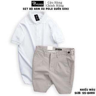 Set đồ bộ nam áo thun polo trơn quần kaki màu xám rurumen có big size