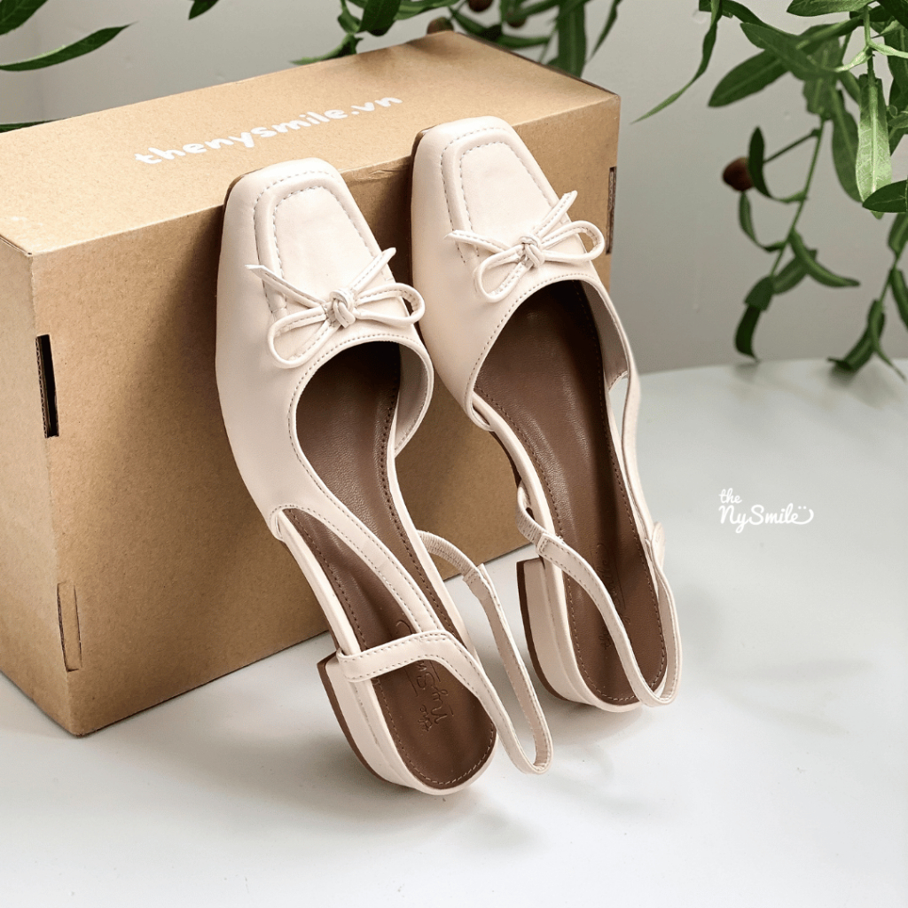 Giày búp bê nữ 2p, búp bê phối nơ, gót vuông, giày đi chơi - THENYSMILE - AWON