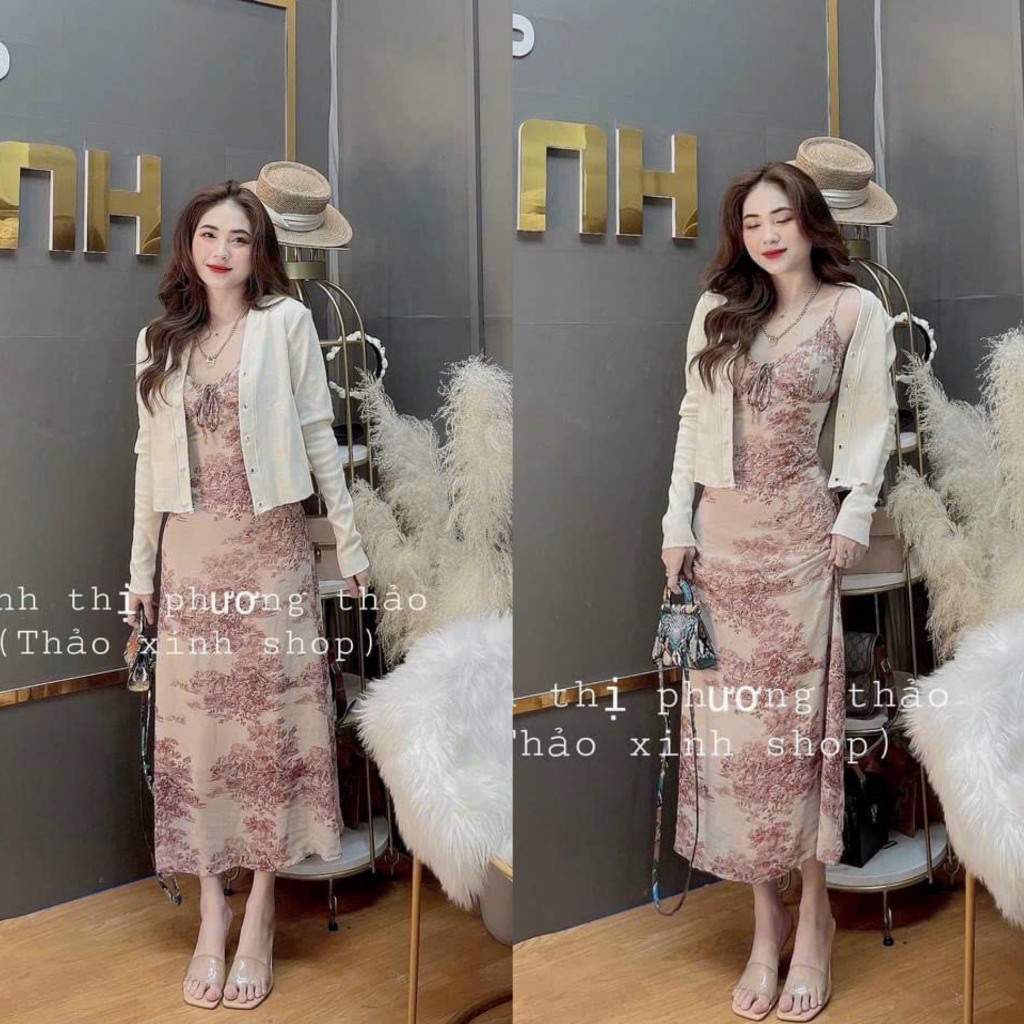 Set váy nữ lụa 2 dây chạy mocking thân sau họa tiết sang chảnh kèm khoác xinh xắn cho các tình yêu đi dự tiệc