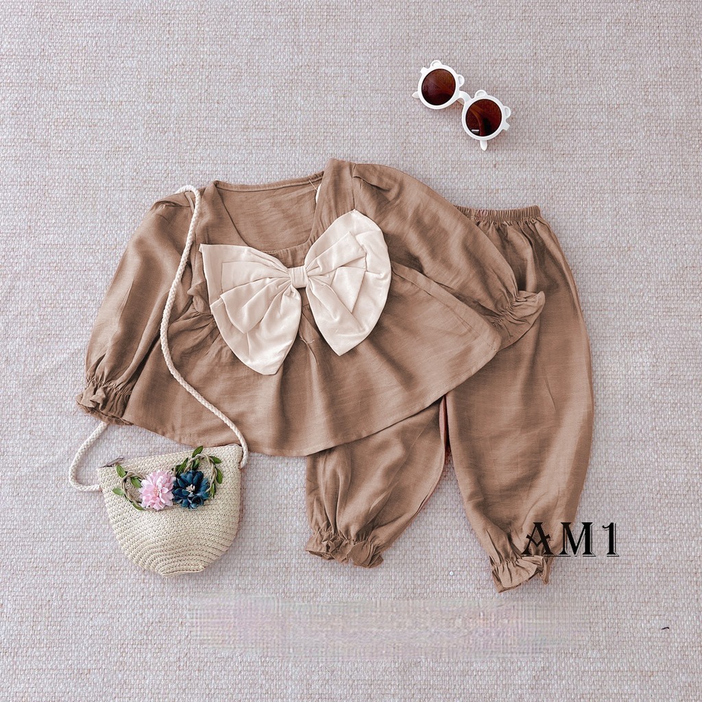 Đồ bộ dài tay trẻ em TB122 - Bộ quần áo đũi nơ sang chảnh bé gái