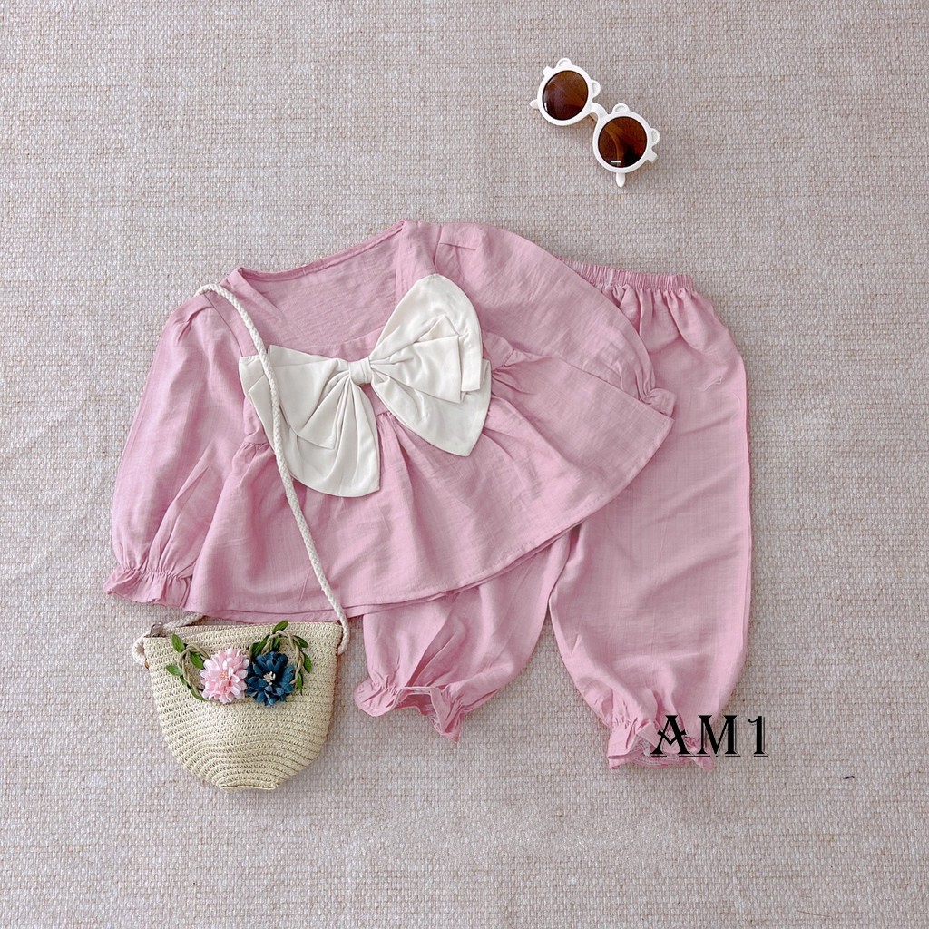 Đồ bộ dài tay trẻ em TB122 - Bộ quần áo đũi nơ sang chảnh bé gái