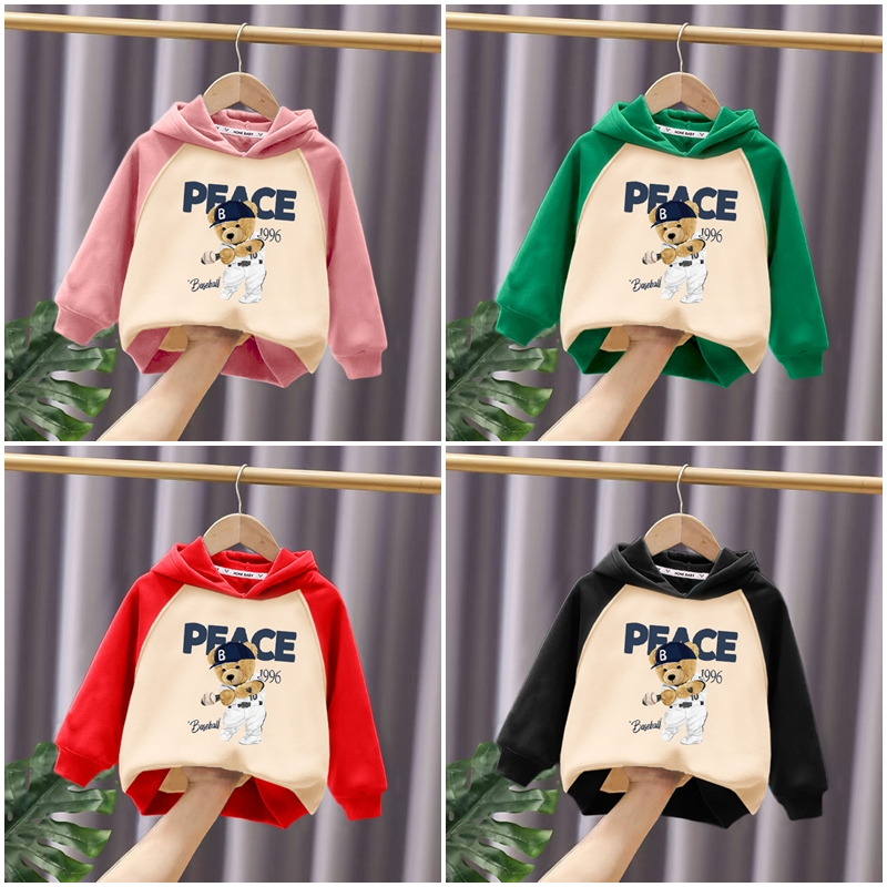 Áo nỉ mũ dài tay hình gấu bóng chày dễ thương 4 màu cho bé trai bé gái