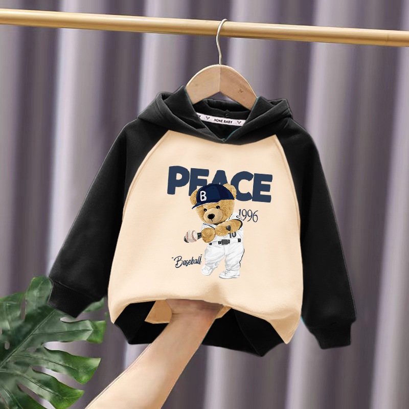 Áo nỉ mũ dài tay hình gấu bóng chày dễ thương 4 màu cho bé trai bé gái