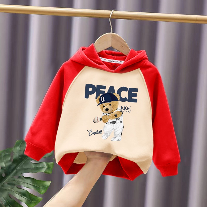 Áo nỉ mũ dài tay hình gấu bóng chày dễ thương 4 màu cho bé trai bé gái