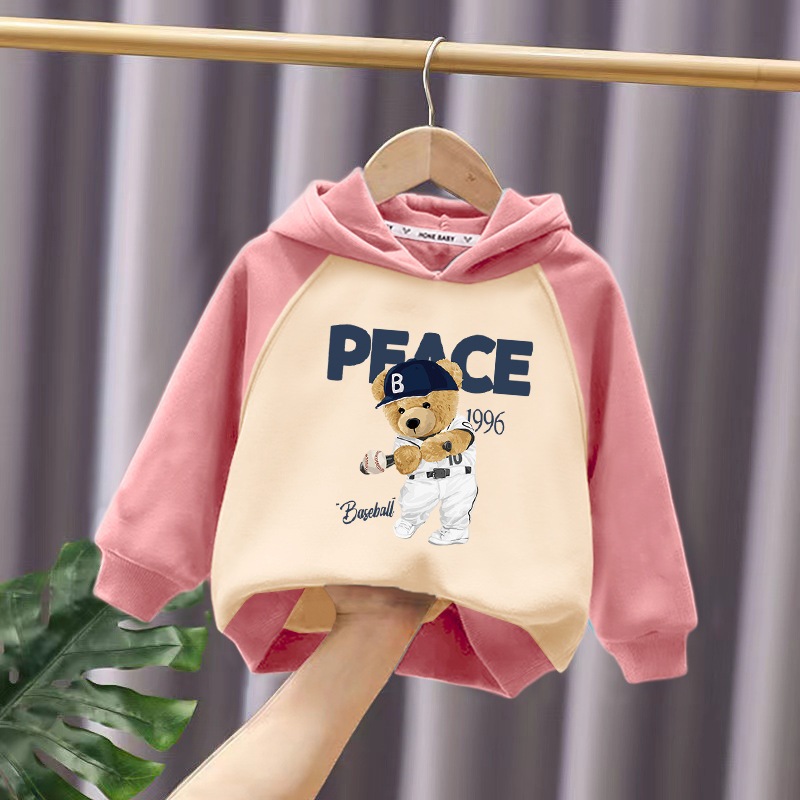 Áo nỉ mũ dài tay hình gấu bóng chày dễ thương 4 màu cho bé trai bé gái