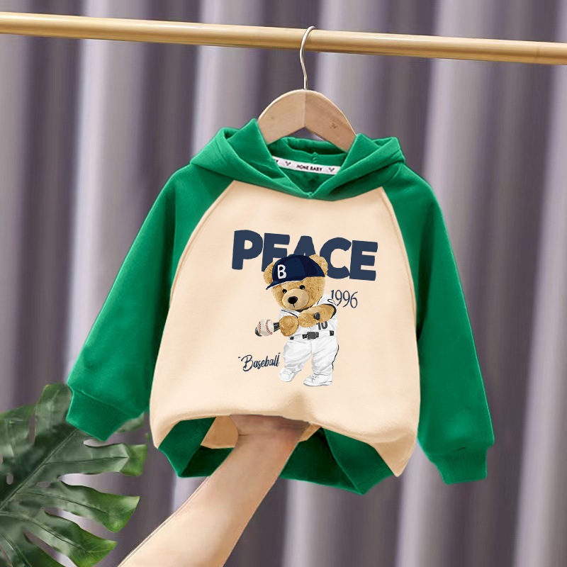 Áo nỉ mũ dài tay hình gấu bóng chày dễ thương 4 màu cho bé trai bé gái
