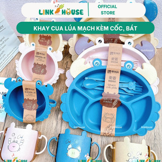 Khay ăn dặm cho bé, khay đựng đồ ăn dặm lúa mạch hình cua 6 chi tiết đủ màu